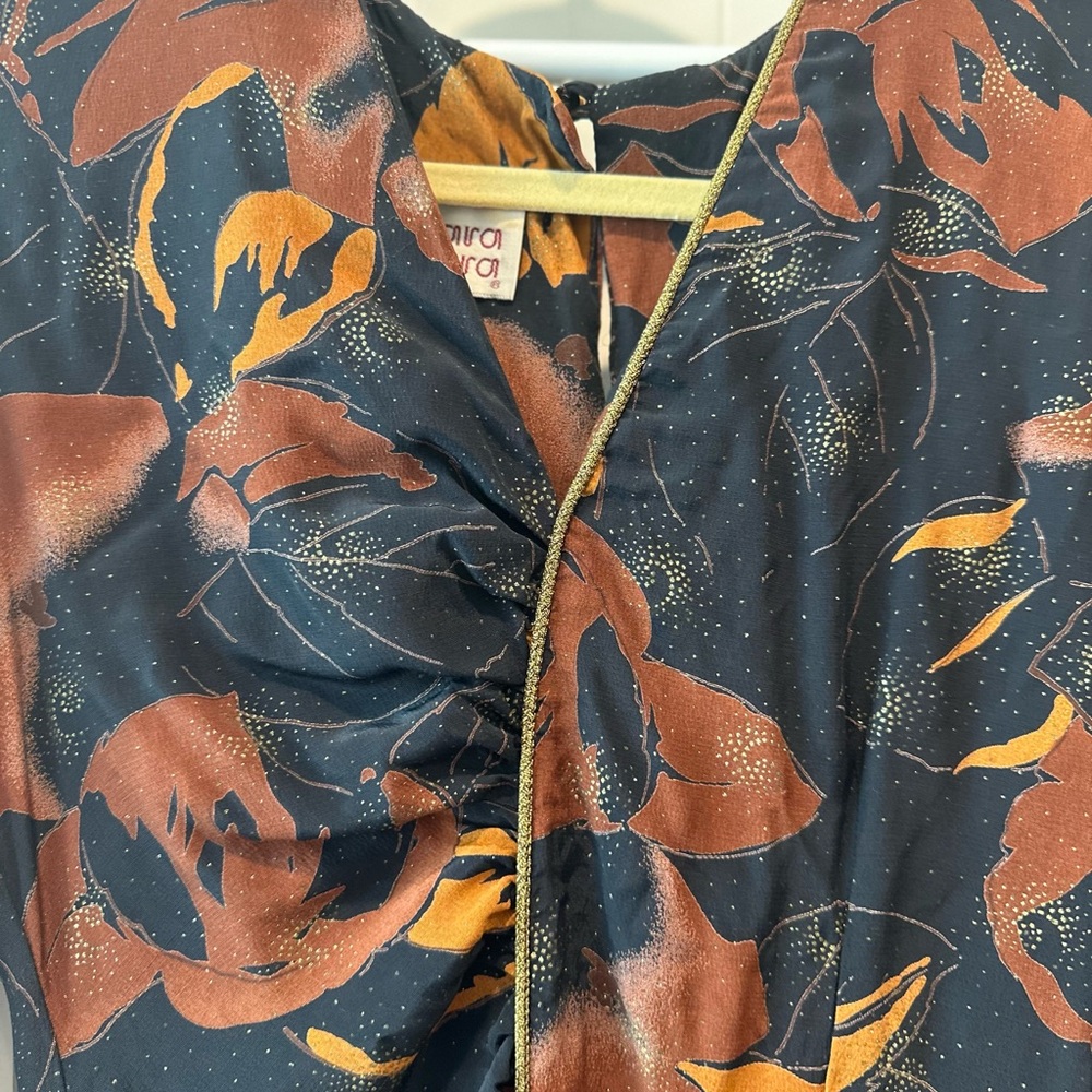 Vintage Barbara Barbara California Midi Dress - Rust & Gold Print - Ruched